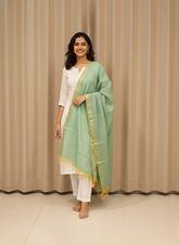 Seafoam Green & Gold Tissue Banarasi Silk Dupatta with Tassels