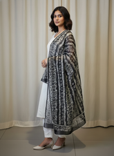 Black and White Handblock Printed Batik Cotton Dupatta with Lace Border.