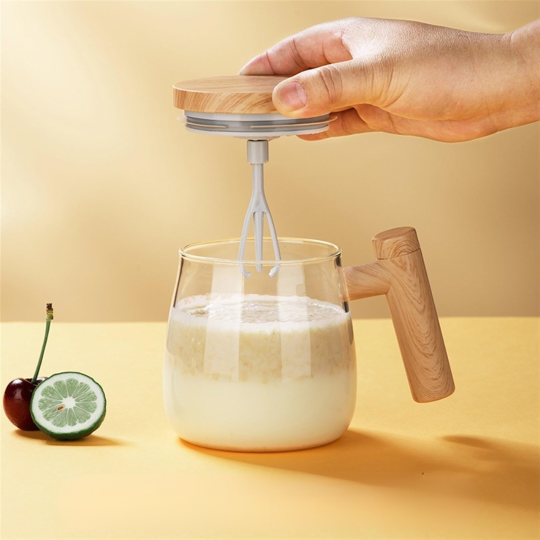 Wooden-Style Self-Stirring Mug with Lid & Hidden Whisk – Premium Coffee & Milk Frother