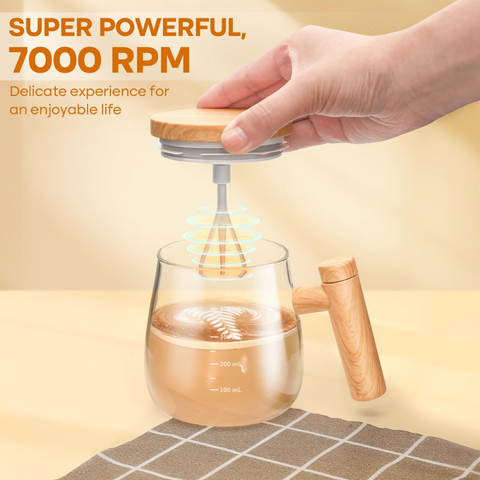 Wooden-Style Self-Stirring Mug with Lid & Hidden Whisk – Premium Coffee & Milk Frother
