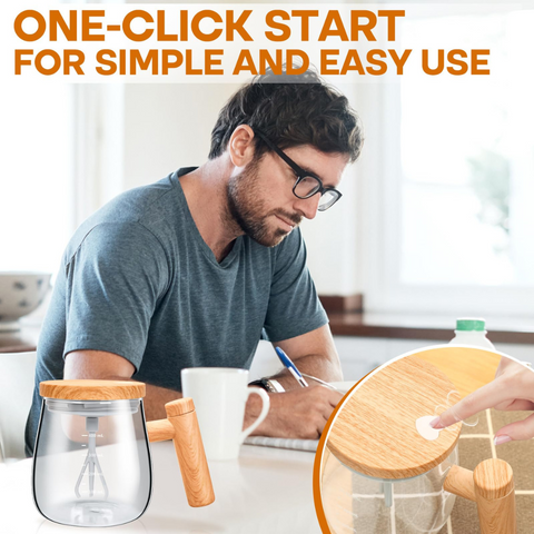 Wooden-Style Self-Stirring Mug with Lid & Hidden Whisk – Premium Coffee & Milk Frother