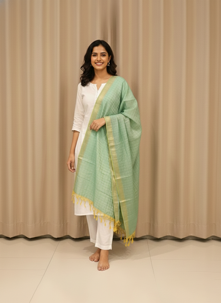Seafoam Green & Gold Tissue Banarasi Silk Dupatta with Tassels