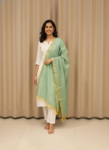Seafoam Green & Gold Tissue Banarasi Silk Dupatta with Tassels