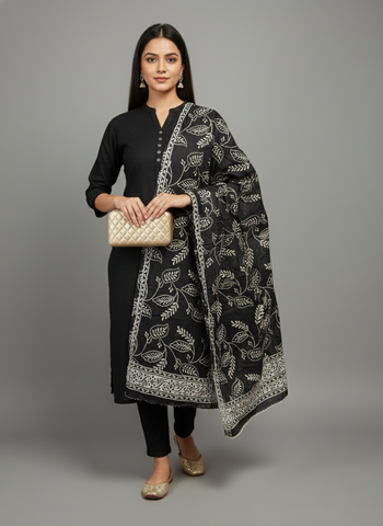 Black & Ivory Hand-Block Printed Cotton Mulmul Dupatta with Floral Leaf Jaal