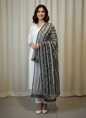 Black and White Handblock Printed Batik Cotton Dupatta with Lace Border.