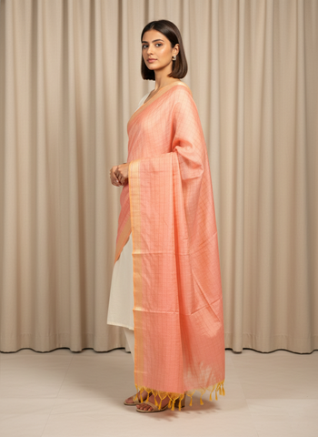 Women's Peach Checked Banarasi Silk Dupatta