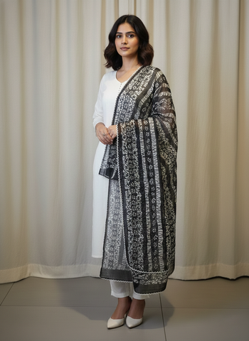Black and White Handblock Printed Batik Cotton Dupatta with Lace Border.