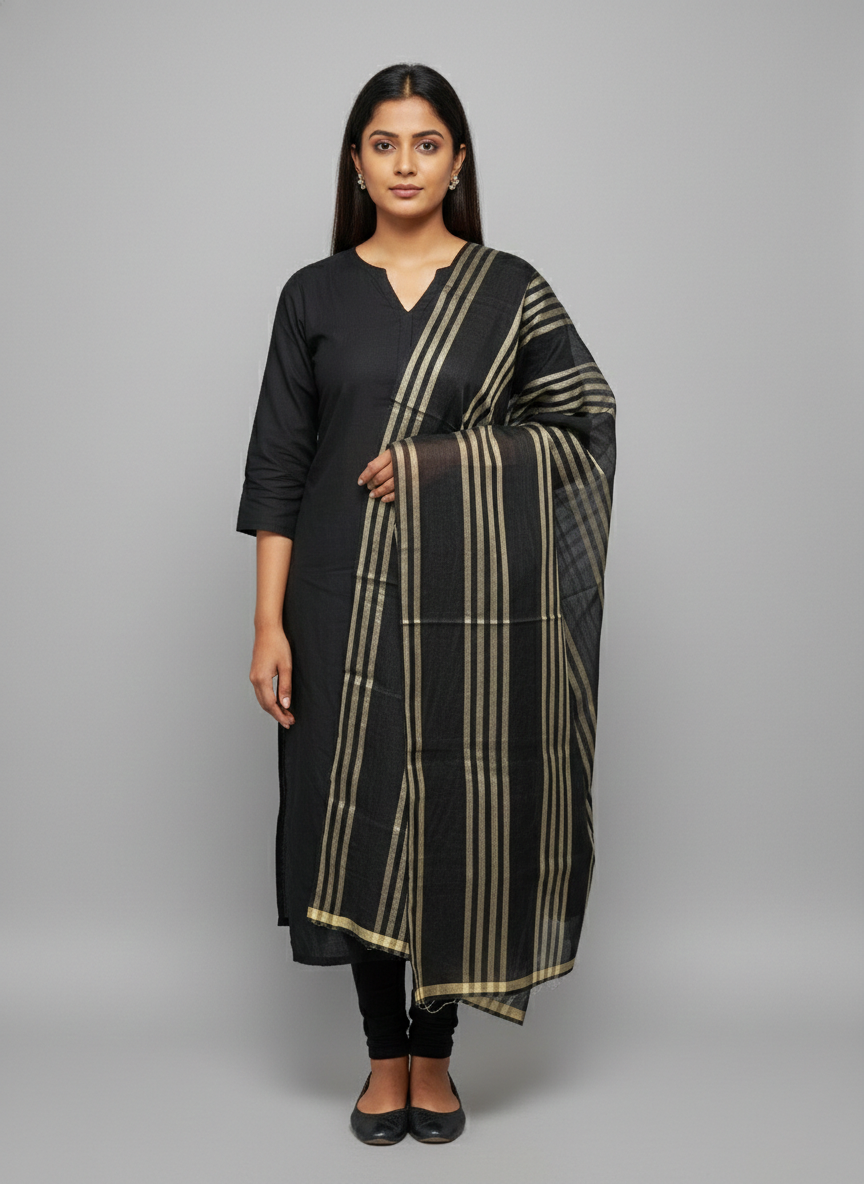 Black & Gold Striped Banarasi Handloom Dupatta