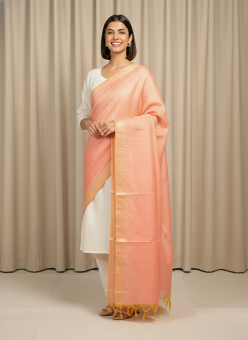 Women's Peach Checked Banarasi Silk Dupatta