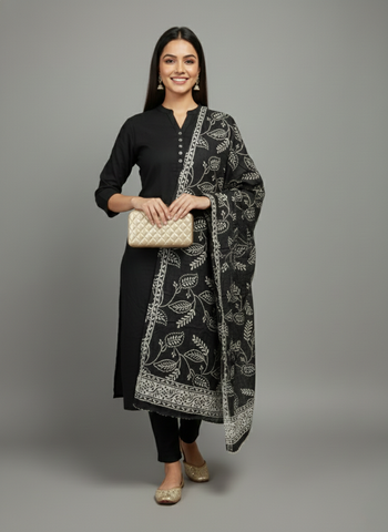 Black & Ivory Hand-Block Printed Cotton Mulmul Dupatta with Floral Leaf Jaal