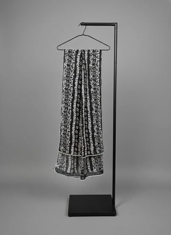 Black and White Handblock Printed Batik Cotton Dupatta with Lace Border.