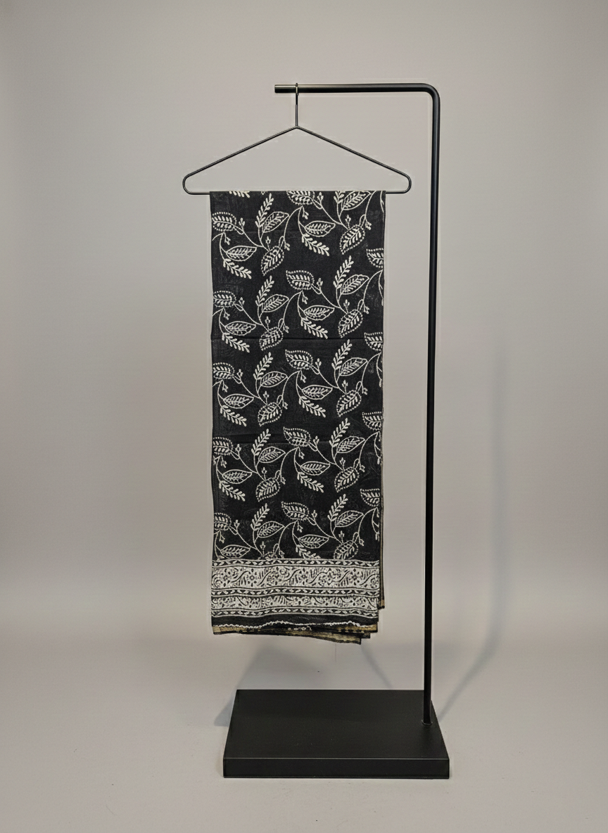 Black & Ivory Hand-Block Printed Cotton Mulmul Dupatta with Floral Leaf Jaal