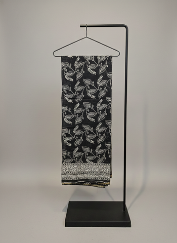 Black & Ivory Hand-Block Printed Cotton Mulmul Dupatta with Floral Leaf Jaal