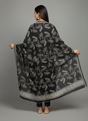 Black & Ivory Hand-Block Printed Cotton Mulmul Dupatta with Floral Leaf Jaal