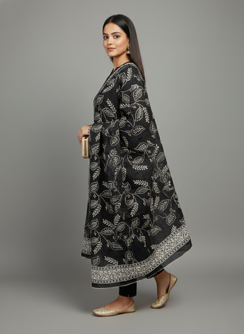 Black & Ivory Hand-Block Printed Cotton Mulmul Dupatta with Floral Leaf Jaal