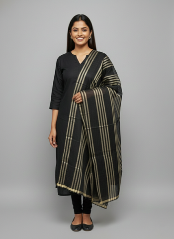 Black & Gold Striped Banarasi Handloom Dupatta