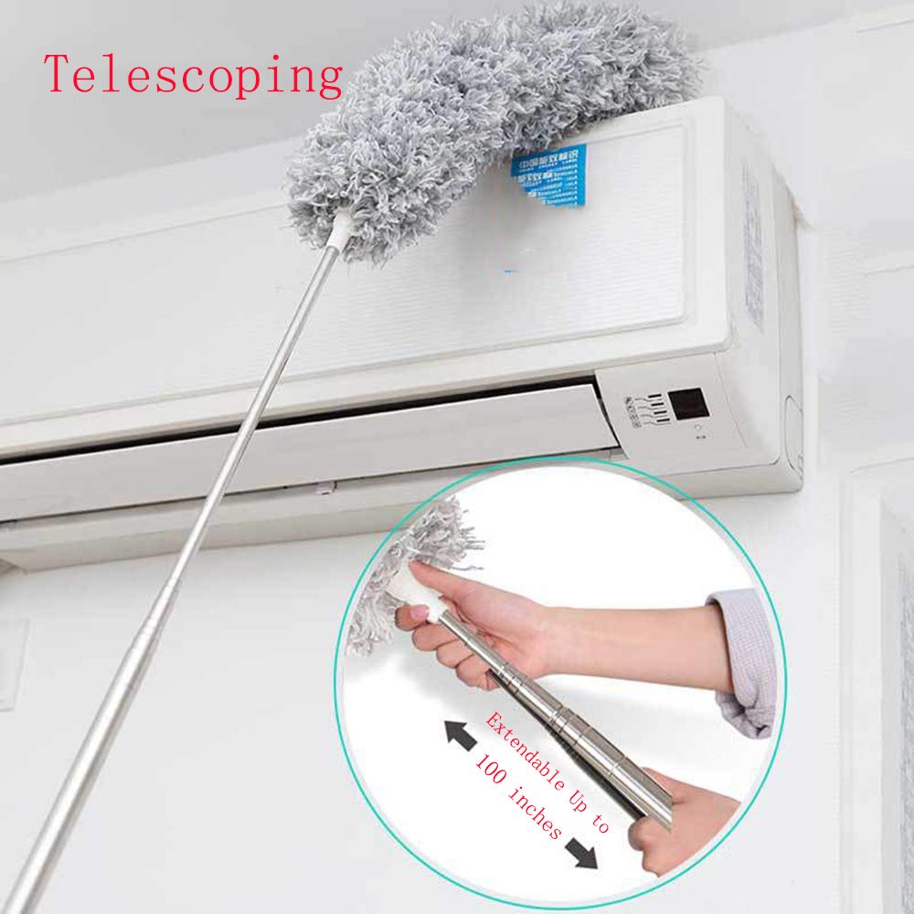 Microfiber Feather Duster — 100 in Extra-Long Telescopic Handle, Bendable Head for High Ceilings, Fans & Blinds